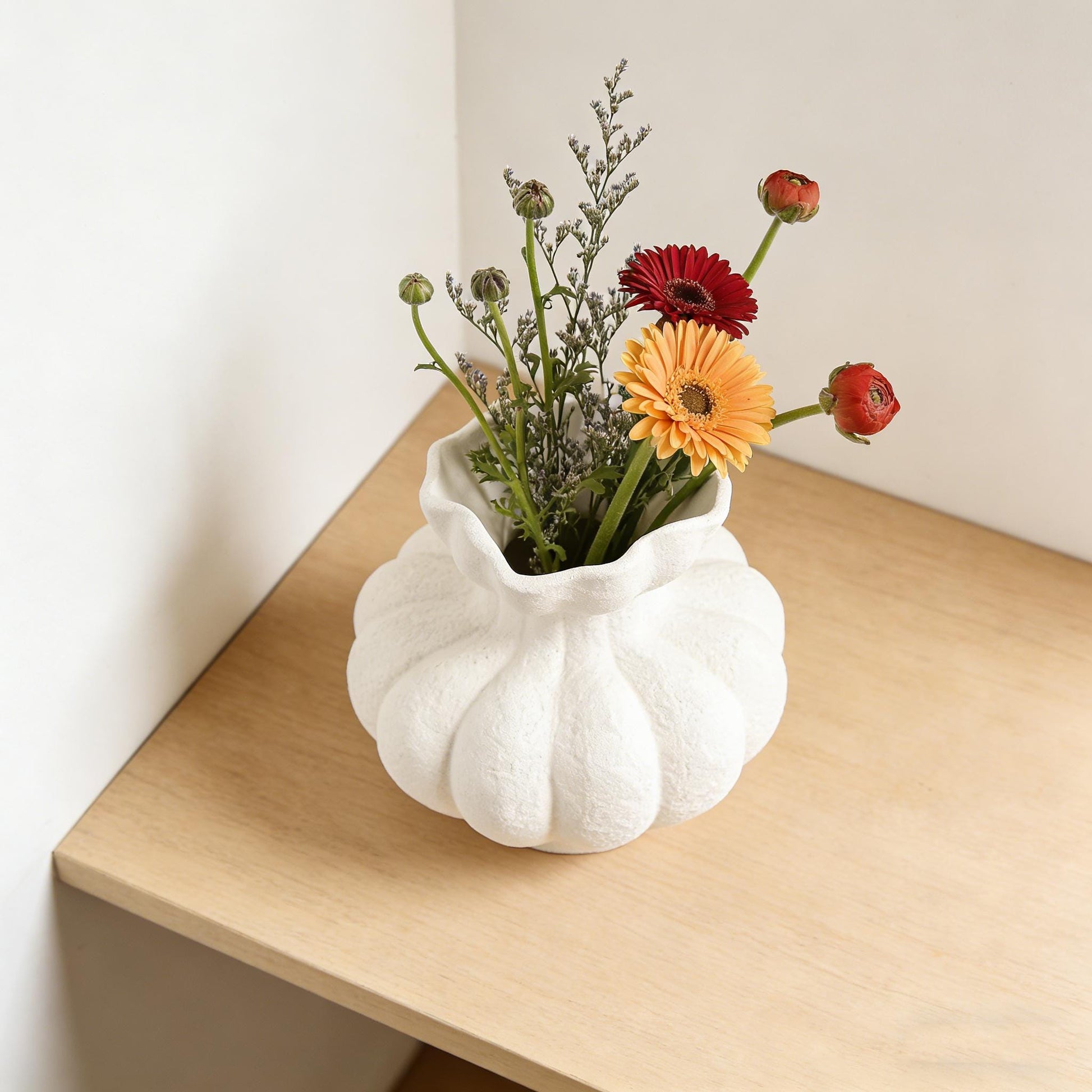 Textured Ceramic Vase, Pumpkin Shaped Vase, Wabi Sabi Decor, Ruffled Edge Vase, Matte White Vase, Boho Home Decor, Rustic Shelf Decor