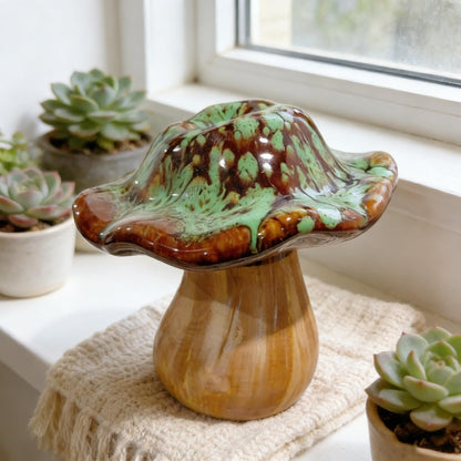 Mushroom Decor, Ceramic Wood Mushroom, Toadstool Figurine, Green Drip Glaze, Home Decor, Forestcore Shelf Accent, Boho Window Decor
