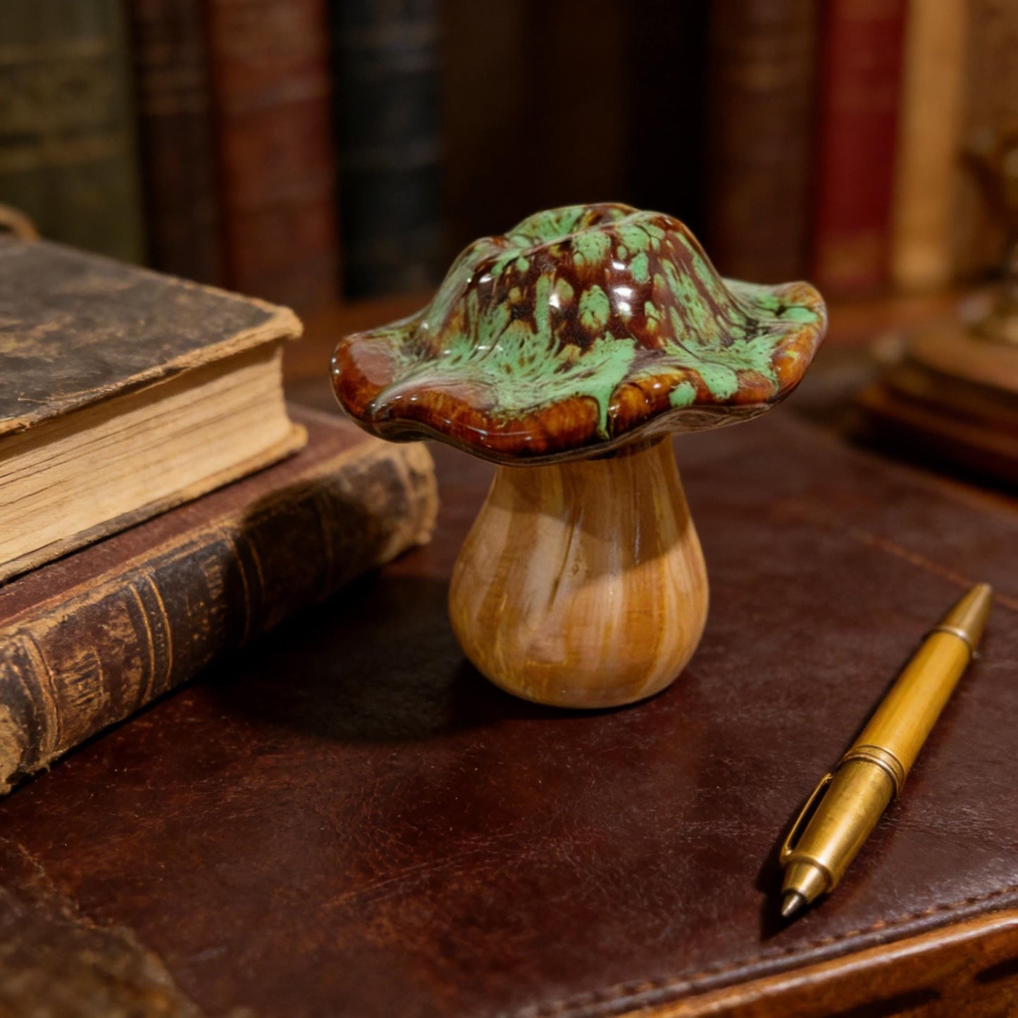 Mushroom Decor, Ceramic Wood Mushroom, Toadstool Figurine, Green Drip Glaze, Home Decor, Forestcore Shelf Accent, Boho Window Decor