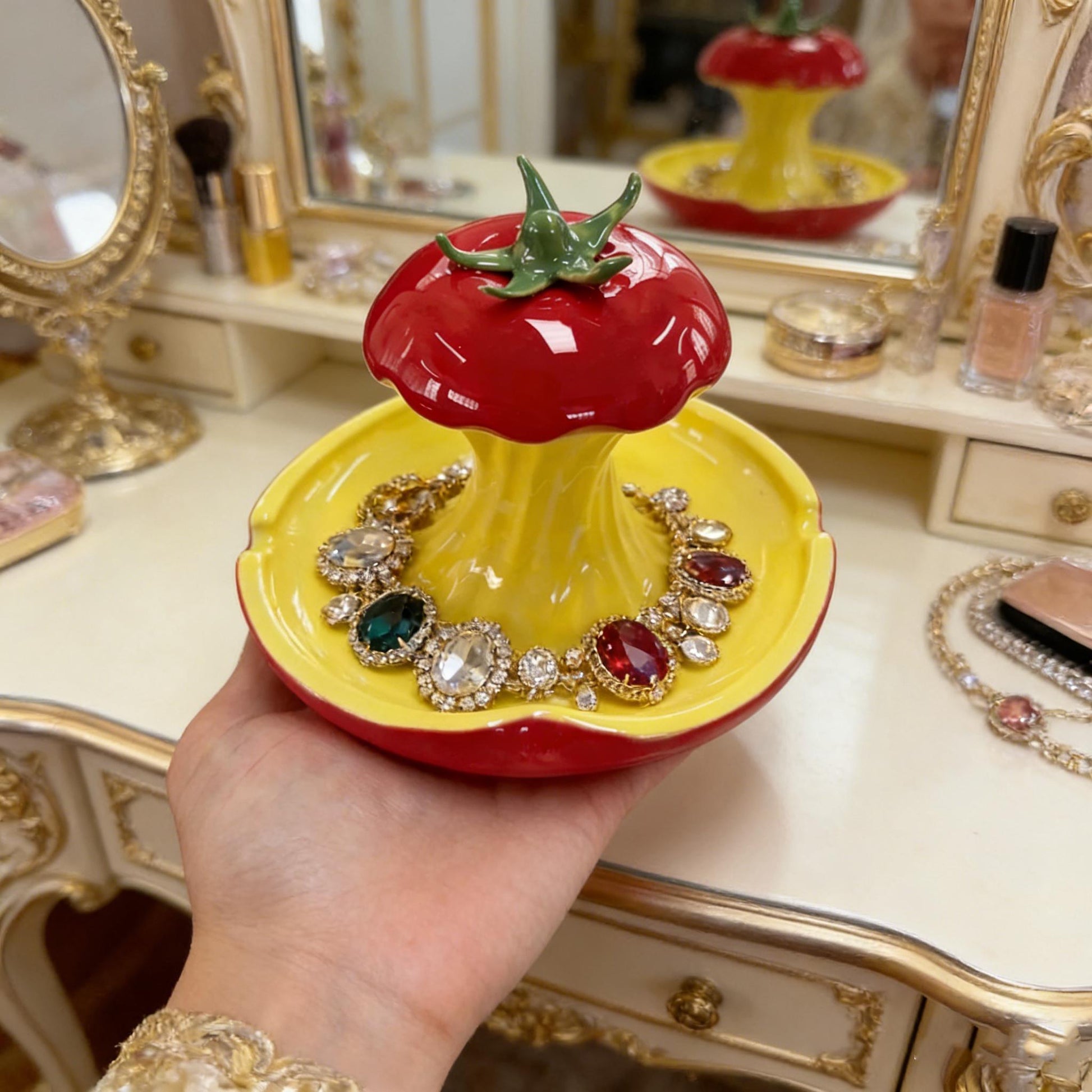 Tomato Shaped Jewelry Organizer, Ceramic Organizer, Handmade Vanity Organizer, Handpainted Ceramic Tray, Jewelry Storage Dish