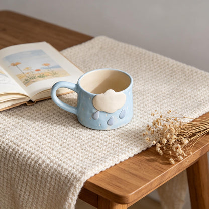Handmade Cloud Ceramic Mug, Sky Blue Pottery Mug, Cute Raindrop Coffee Cup, Cozy Kitchen Decor, Hand Sculpted Mug, Kawaii Ceramic Drinkware