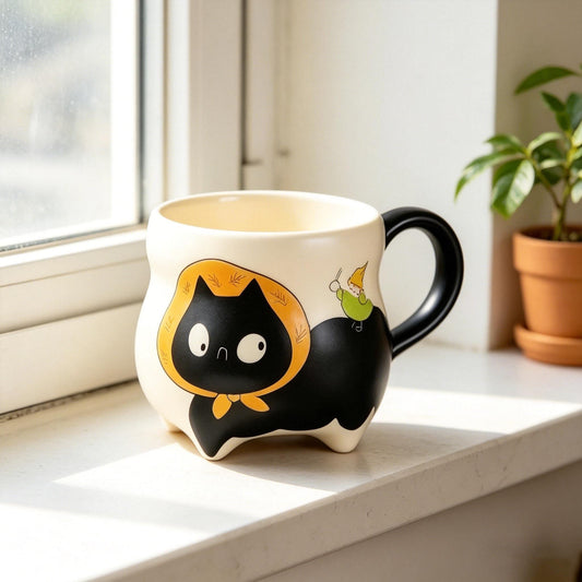Black Cat Ceramic Mug, Cute Cat Gnome Coffee Cup, Cottagecore Cat Tea Mug, Gift For Cat Lover, Cat Mom Gift, Handmade Cat Shaped Mug