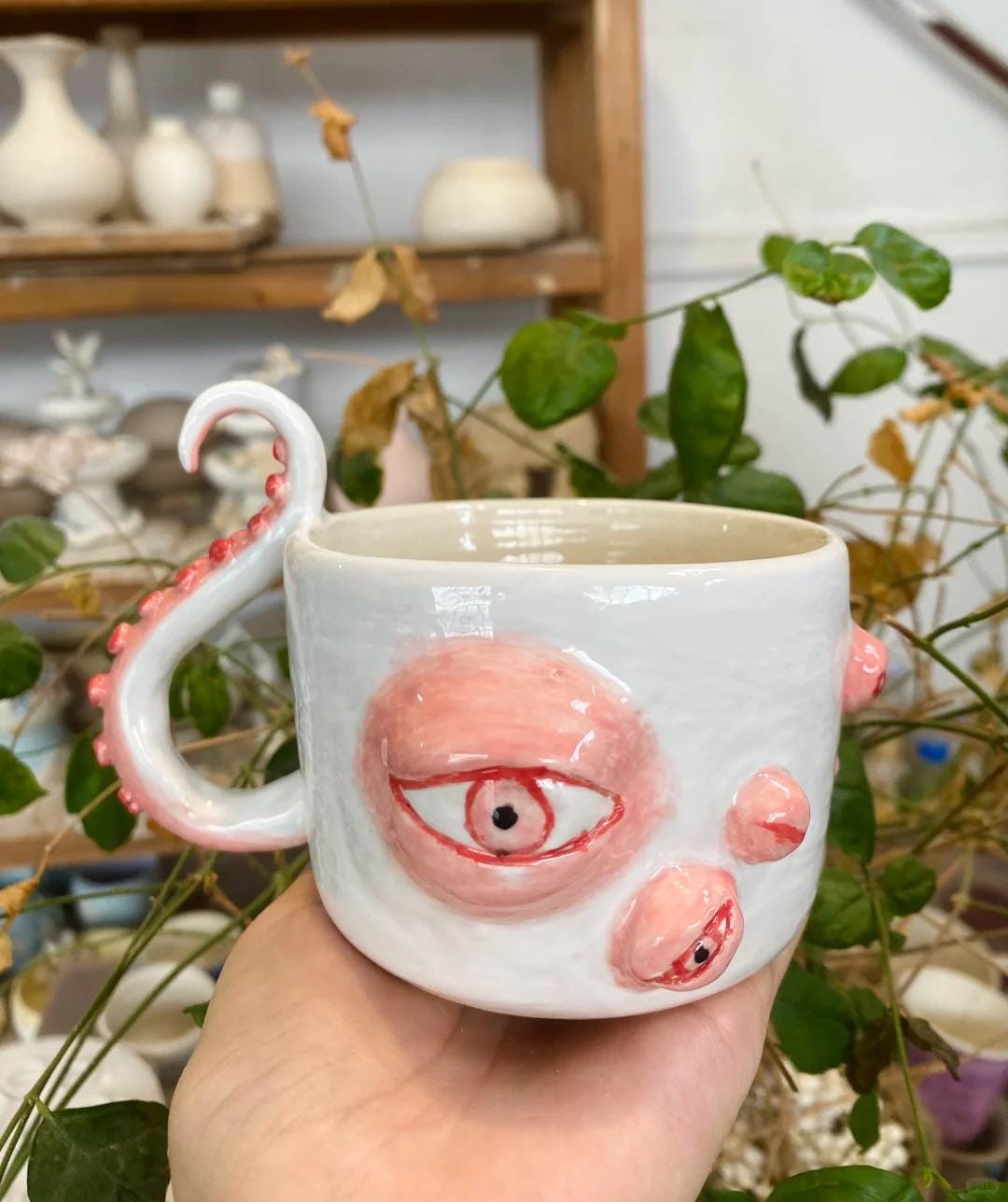 Octopus Mug,Handmade Ceramic Eye Mug, Octopus Coffee Cup, Unique Handmade Mug, Octopus Tentacle Handle Mug