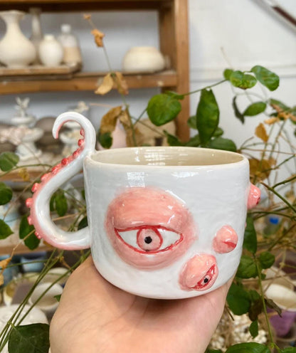Octopus Mug,Handmade Ceramic Eye Mug, Octopus Coffee Cup, Unique Handmade Mug, Octopus Tentacle Handle Mug