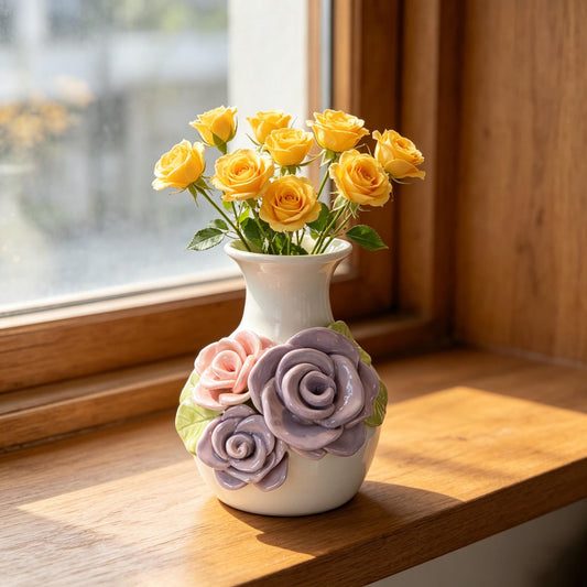 Handmade Ceramic Rose Vase, 3d Flower Ceramic Vase, Cottagecore Home Decor, Hand Sculpted Pottery Vase, Boho Floral Home Decor