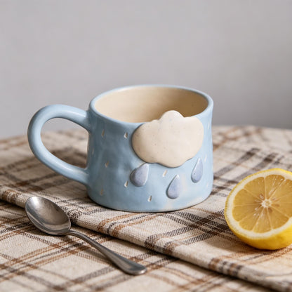 Handmade Cloud Ceramic Mug, Sky Blue Pottery Mug, Cute Raindrop Coffee Cup, Cozy Kitchen Decor, Hand Sculpted Mug, Kawaii Ceramic Drinkware