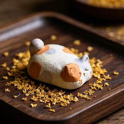 Calico Cat Figurine, Sleeping Cat Desk Decor, Handmade Clay Cat Ornament, Minimalist Cat Shelf Accent, Gift For Cat Lover, Cat Lover Gift