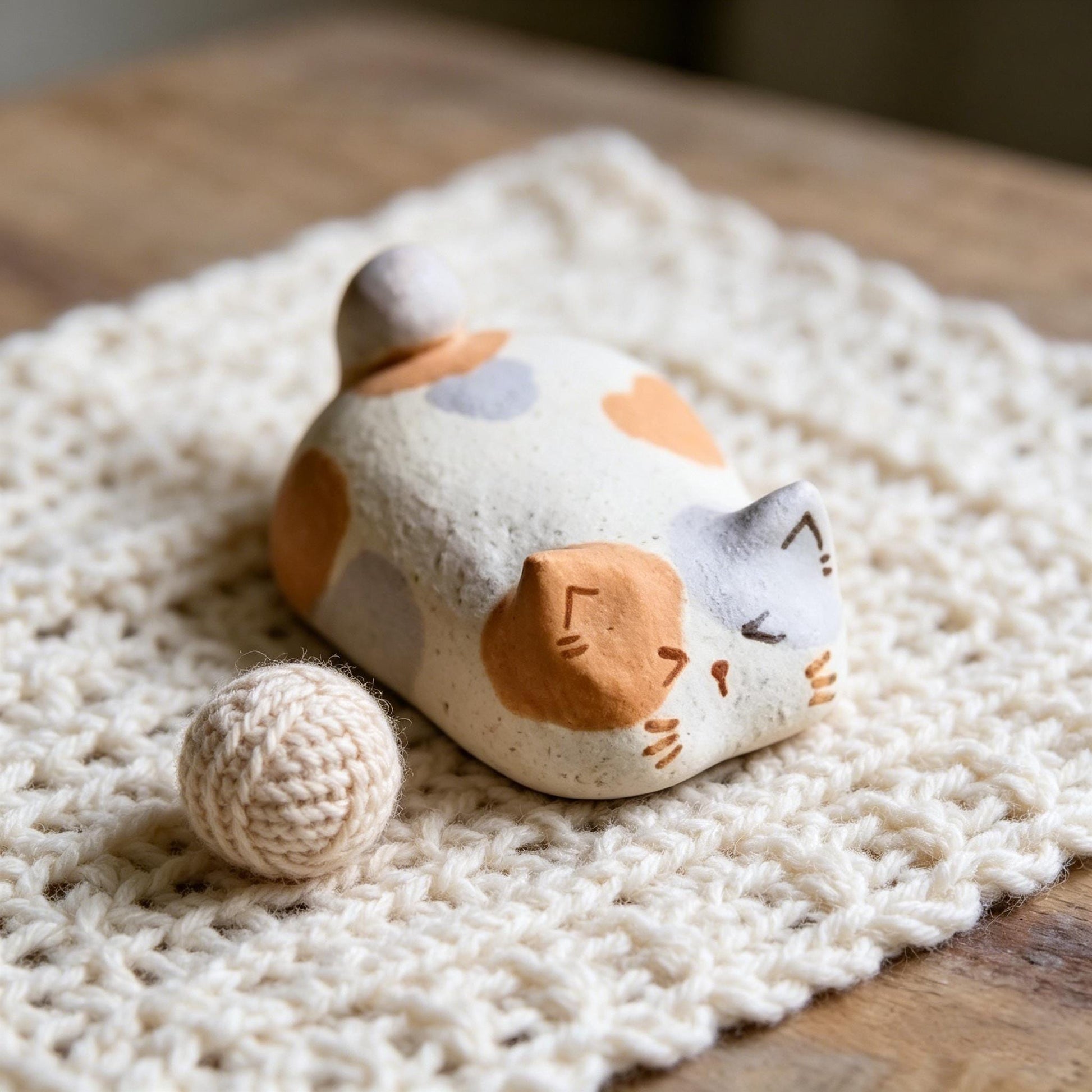 Calico Cat Figurine, Sleeping Cat Desk Decor, Handmade Clay Cat Ornament, Minimalist Cat Shelf Accent, Gift For Cat Lover, Cat Lover Gift