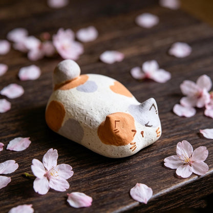 Calico Cat Figurine, Sleeping Cat Desk Decor, Handmade Clay Cat Ornament, Minimalist Cat Shelf Accent, Gift For Cat Lover, Cat Lover Gift