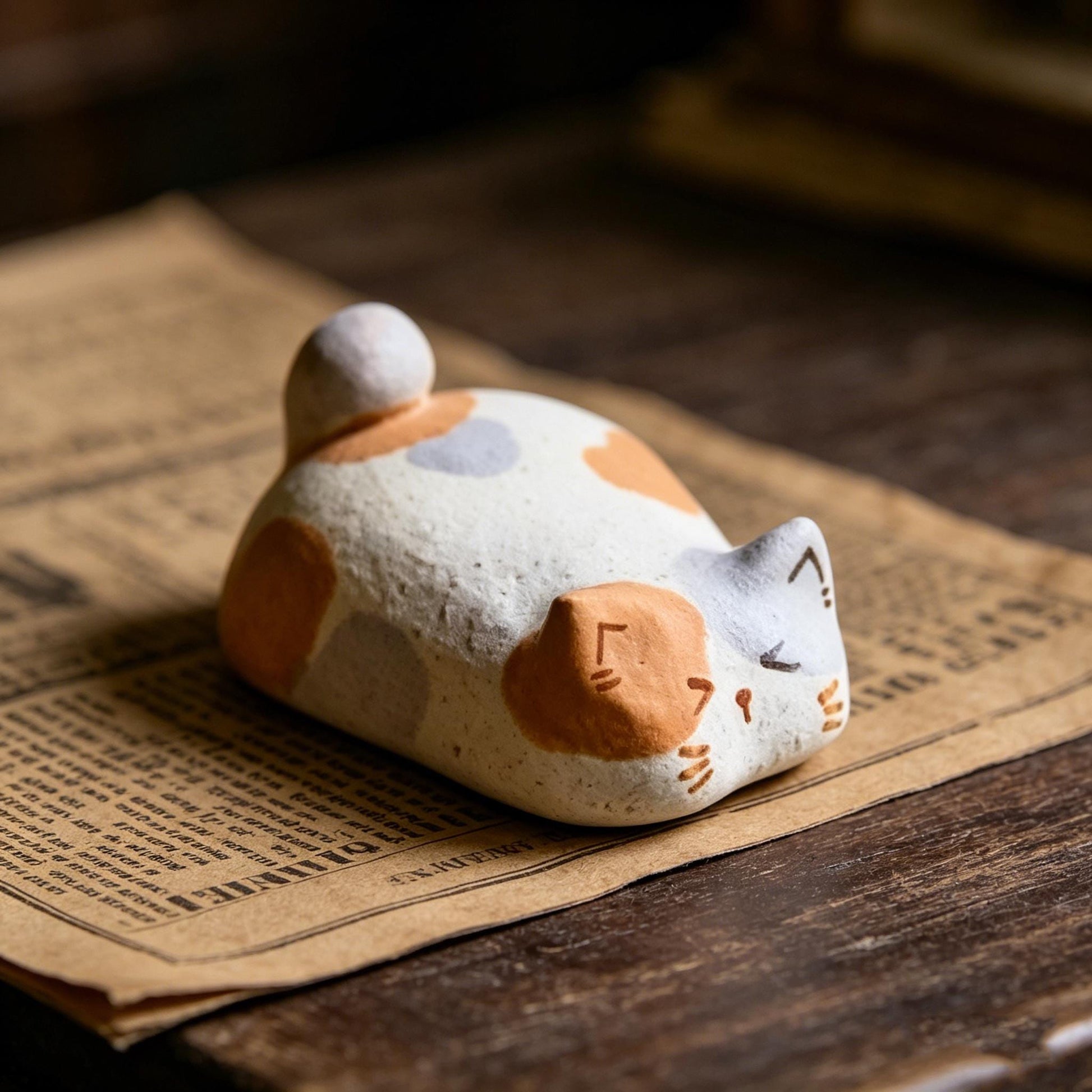 Calico Cat Figurine, Sleeping Cat Desk Decor, Handmade Clay Cat Ornament, Minimalist Cat Shelf Accent, Gift For Cat Lover, Cat Lover Gift