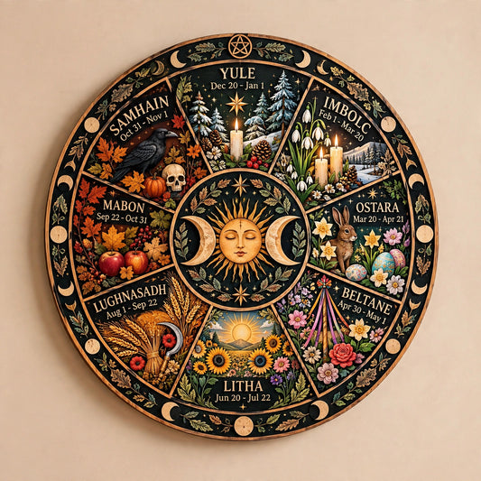 Wheel of the Year Wooden Wall Art, Round Witchy Wall Decor, Pagan Sabbat Calendar, Wiccan Altar Sign, Celestial Gift