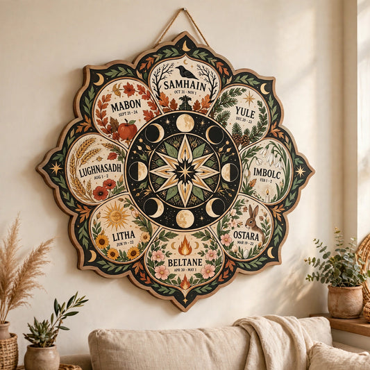 Wheel of the Year Wooden Sign, Pagan Sabbat Wall Decor, Wiccan Moon Phase Wall Art, Witchy Cottagecore Decor, Spiritual Pagan Gift