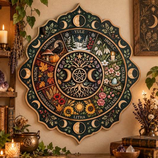 Wheel of the Year Wooden Wall Art, Pagan Wiccan Decor, Triple Moon Witchy Wall Hanging, Celtic Tree of Life Sign, Sabbat Altar Gift
