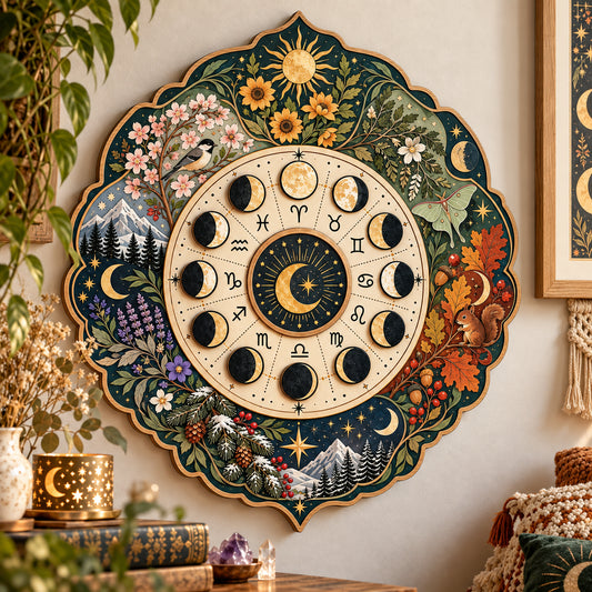 Wheel of the Year Wooden Wall Art, Moon Phase Zodiac Decor, Celestial Botanical Wood Sign, Pagan Witchy Gift, Cottagecore Wall Hanging