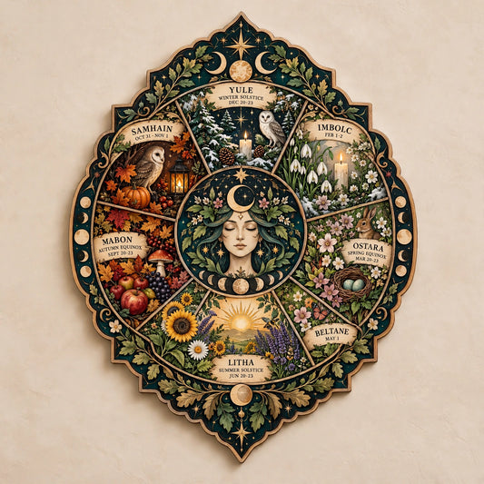 Wheel of the Year Wooden Wall Art, Pagan Sabbat Calendar, Witchy Wall Decor, Moon Goddess Sign, Wiccan Altar Gift