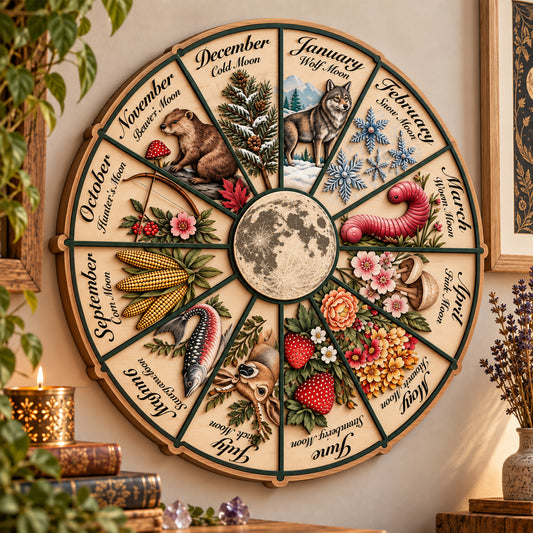Wheel of the Year Wooden Wall Art, Full Moon Calendar, Lunar Moon Phase Decor, Botanical Cottagecore Wall Hanging, Celestial Moon Lover Gift
