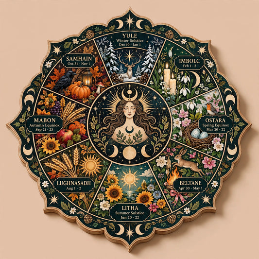 Wheel of the Year Wooden Wall Art, Witchy Pagan Sabbat Calendar, Moon Goddess Wall Decor, Wiccan Altar Gift