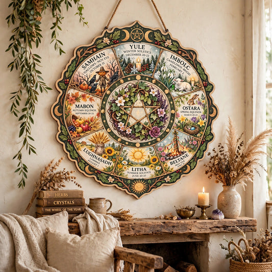 Wheel of the Year Wooden Sign, Pagan Sabbat Calendar Wall Art, Wiccan Witchy Decor, Cottagecore Celestial Wall Hanging, Pagan Gift
