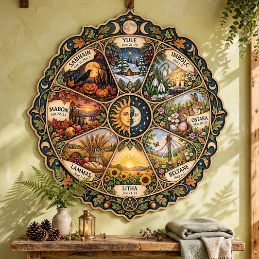 Wheel of the Year Wooden Wall Art, 8 Sabbats Pagan Decor, Wiccan Wall Hanging, Witchy Cottagecore Celestial Wood Sign, Pagan Gift