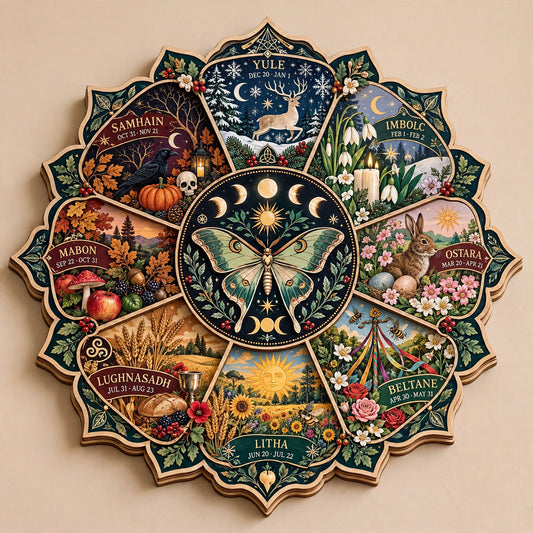 Wheel of the Year Wooden Wall Art, Luna Moth Witchy Decor, Pagan Sabbat Calendar, Wiccan Altar Sign, Celestial Gift