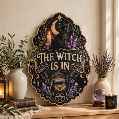 The Witch Is In Wooden Sign, Mystical Black Cat & Crystal Cauldron Door Hanger