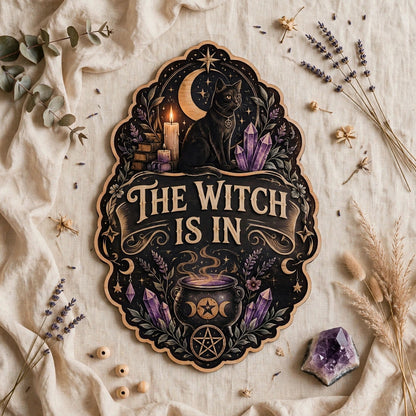 The Witch Is In Wooden Sign, Mystical Black Cat & Crystal Cauldron Door Hanger