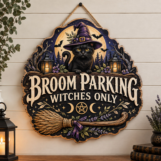 Halloween Broom Parking Sign Witches Only Wooden Wall Black Cat Decor