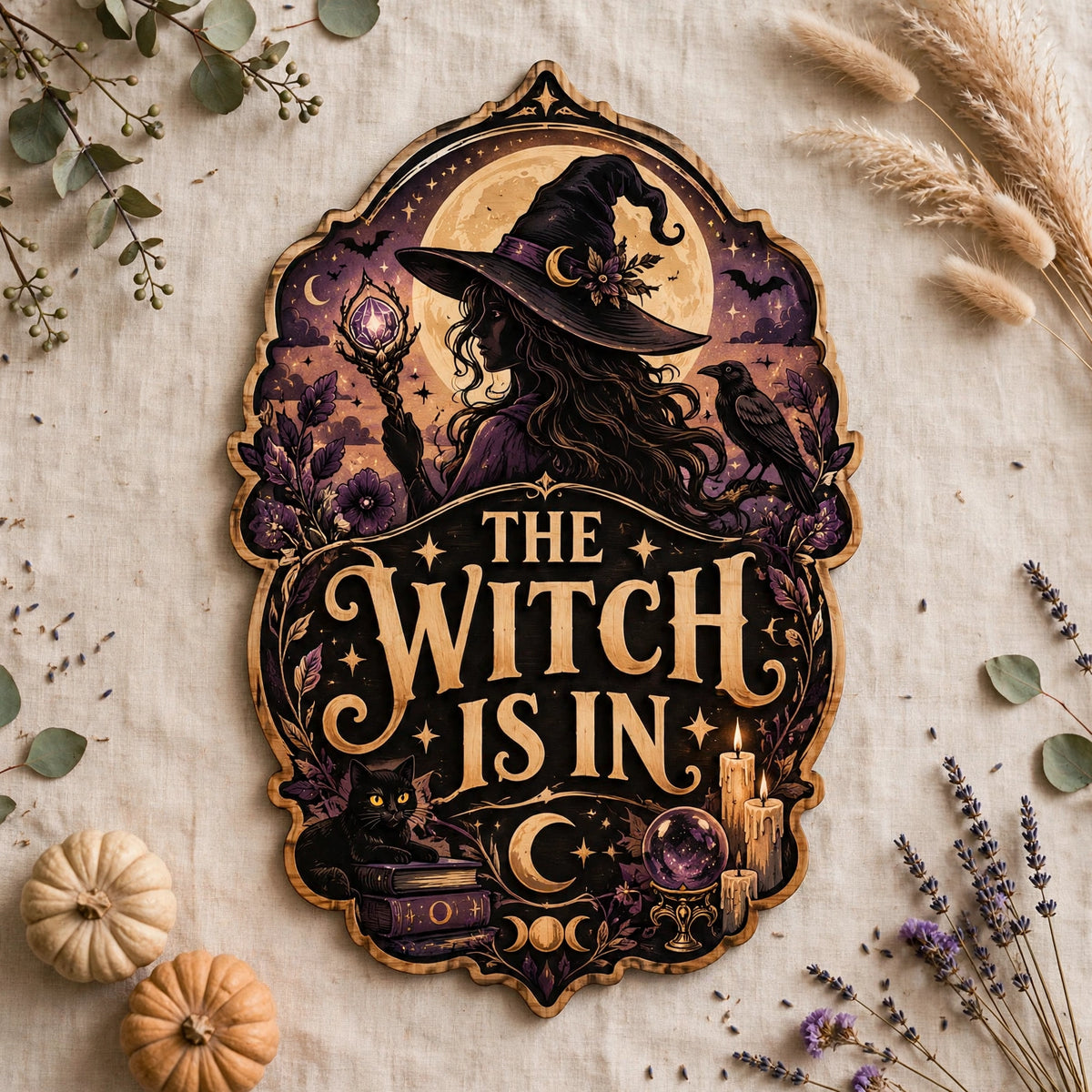 The Witch Is In Wooden Sign, Silhouette Witch Raven Crystal Ball