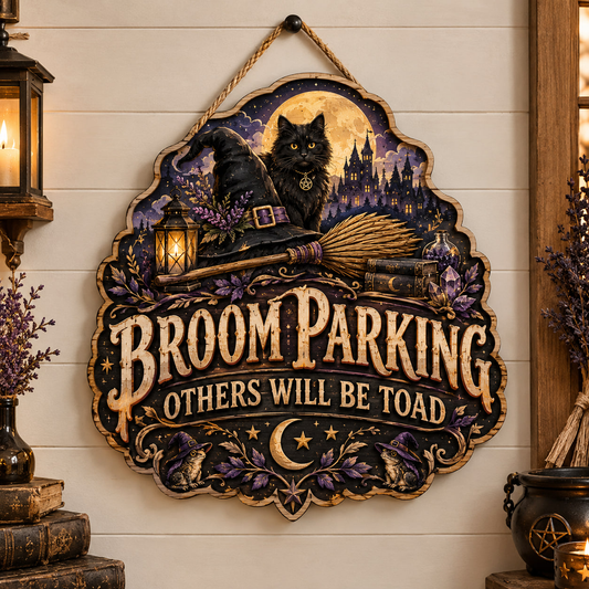 Broom Parking Sign Others Will Be Toad Spooky Porch Decor Black Cat Witch Wooden Sign
