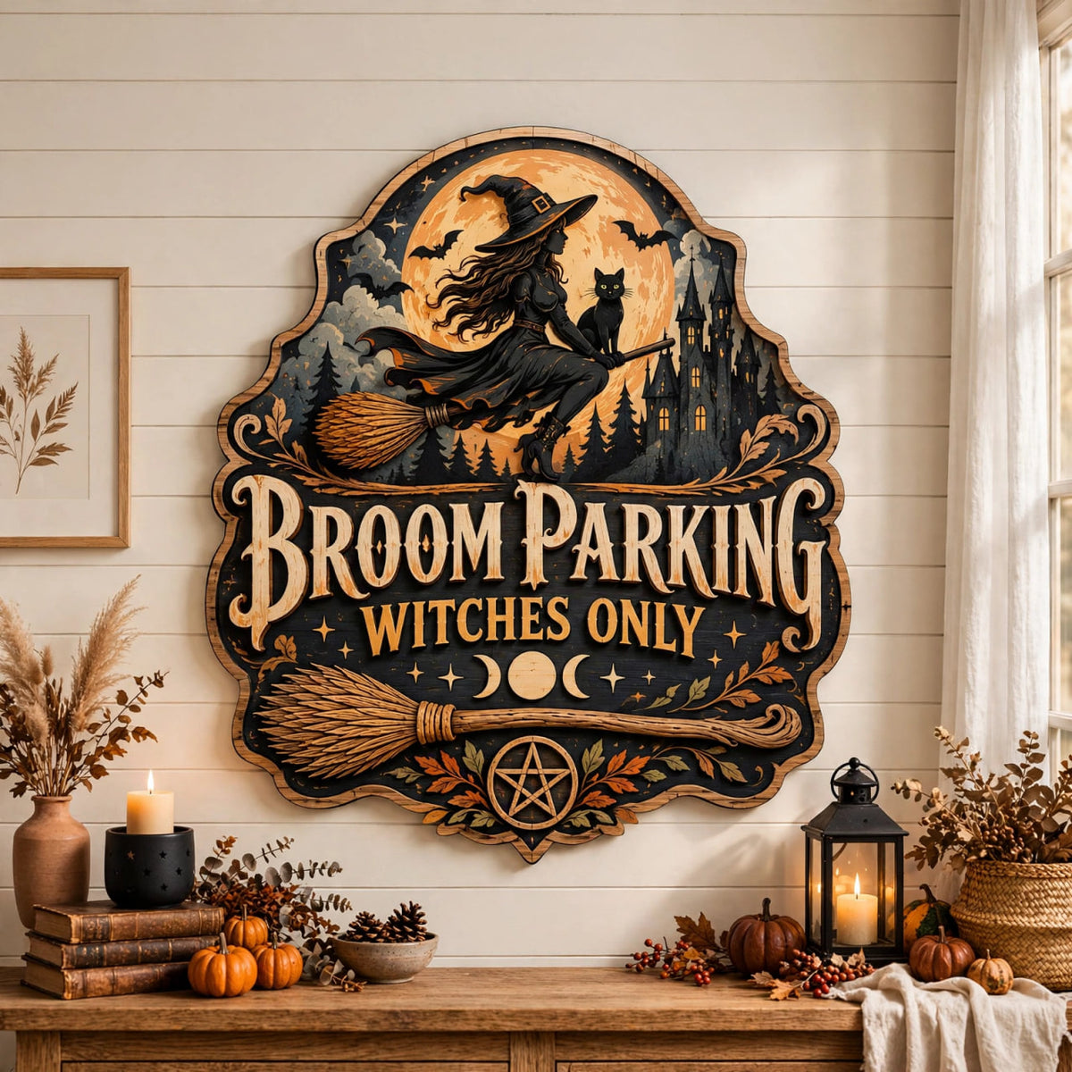 Halloween Broom Parking Sign Flying Witch Wood Decor Spooky