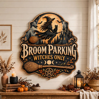 Halloween Broom Parking Sign Flying Witch Wood Decor Spooky