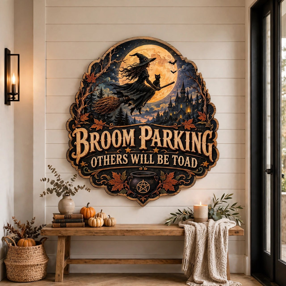Flying Witch Broom Parking Sign, Spooky Halloween Decor, Wooden Wall Art