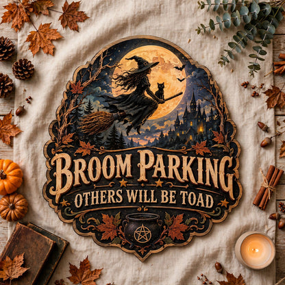 Flying Witch Broom Parking Sign, Spooky Halloween Decor, Wooden Wall Art