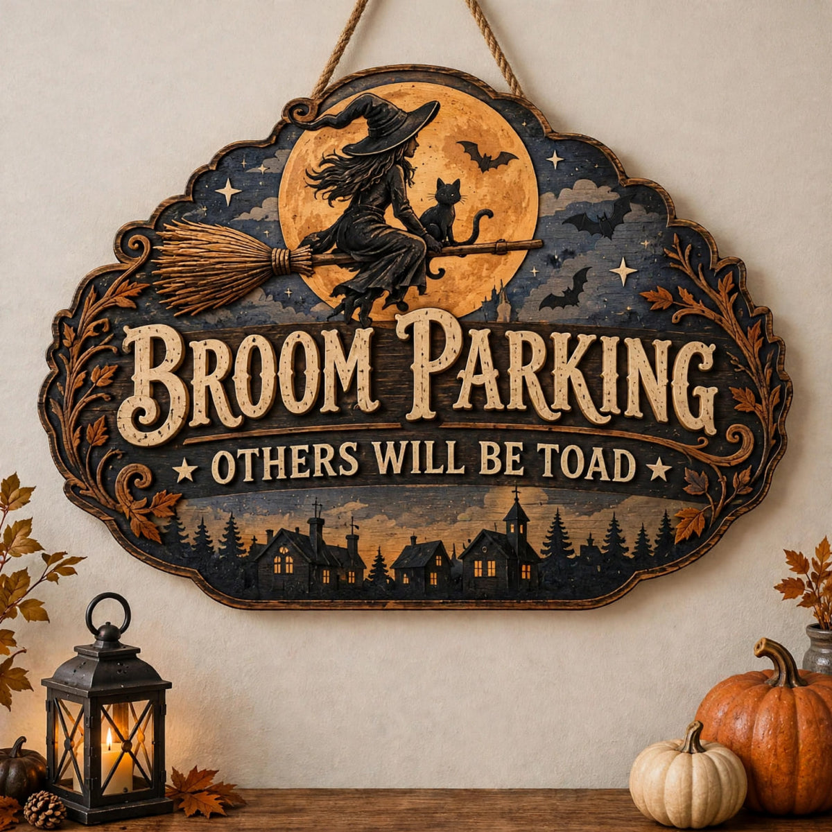 Witch & Cat Flying Wood Wall Art, Broom Parking Others Will Be Toad Sign