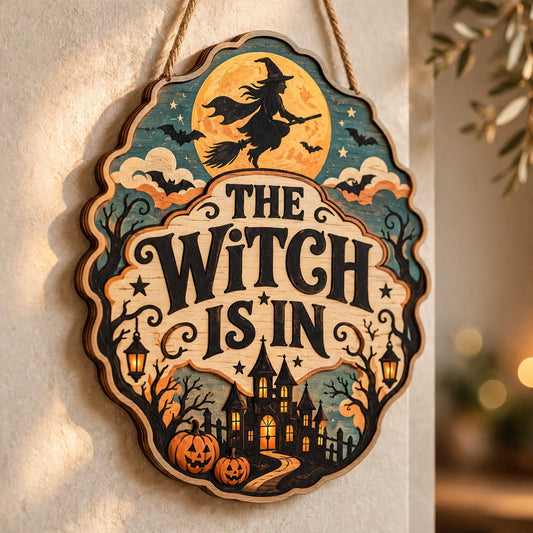 The Witch Is In Wooden Sign, Flying Witch Full Moon Wall Hanging