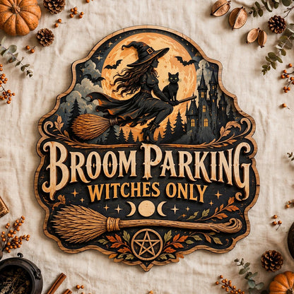Halloween Broom Parking Sign Flying Witch Wood Decor Spooky