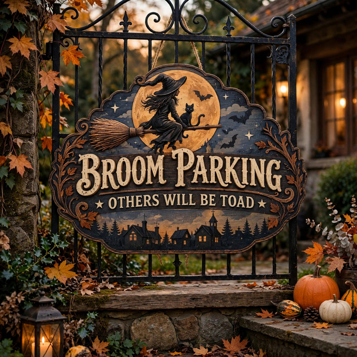 Witch & Cat Flying Wood Wall Art, Broom Parking Others Will Be Toad Sign