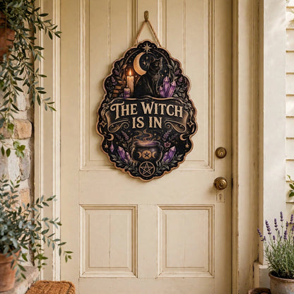 The Witch Is In Wooden Sign, Mystical Black Cat & Crystal Cauldron Door Hanger