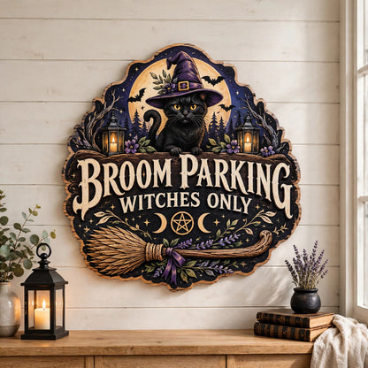 Halloween Broom Parking Sign Witches Only Wooden Wall Black Cat Decor