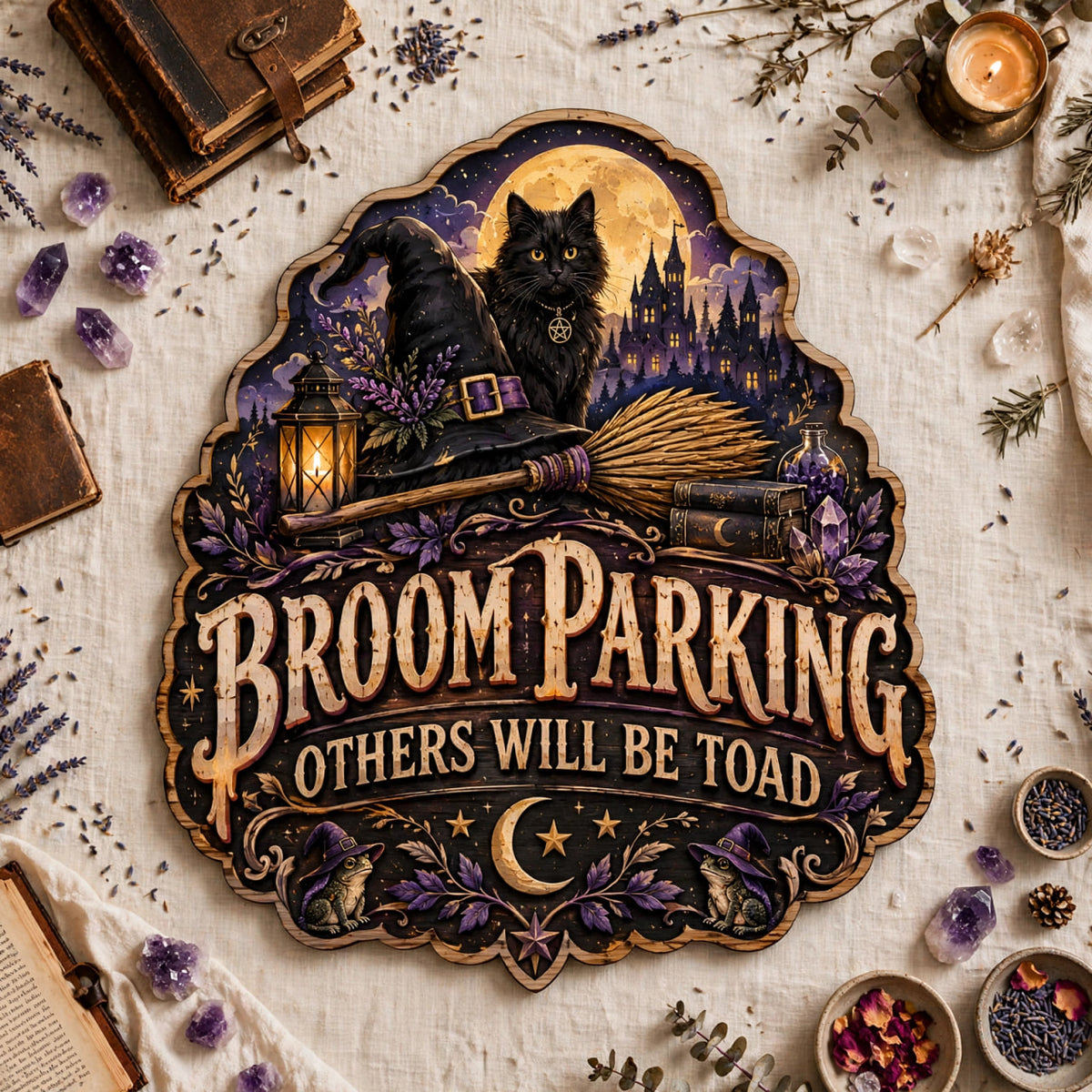 Broom Parking Sign Others Will Be Toad Spooky Porch Decor Black Cat Witch Wooden Sign