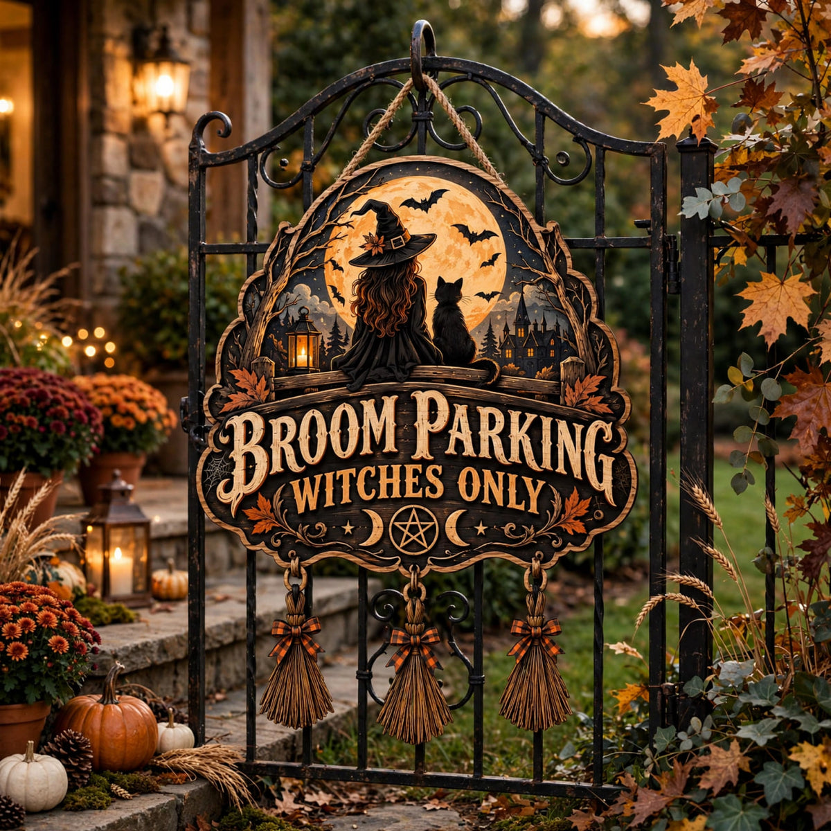 Black Cat Broom Parking Sign, Witchy Wooden Door Hanger Decor