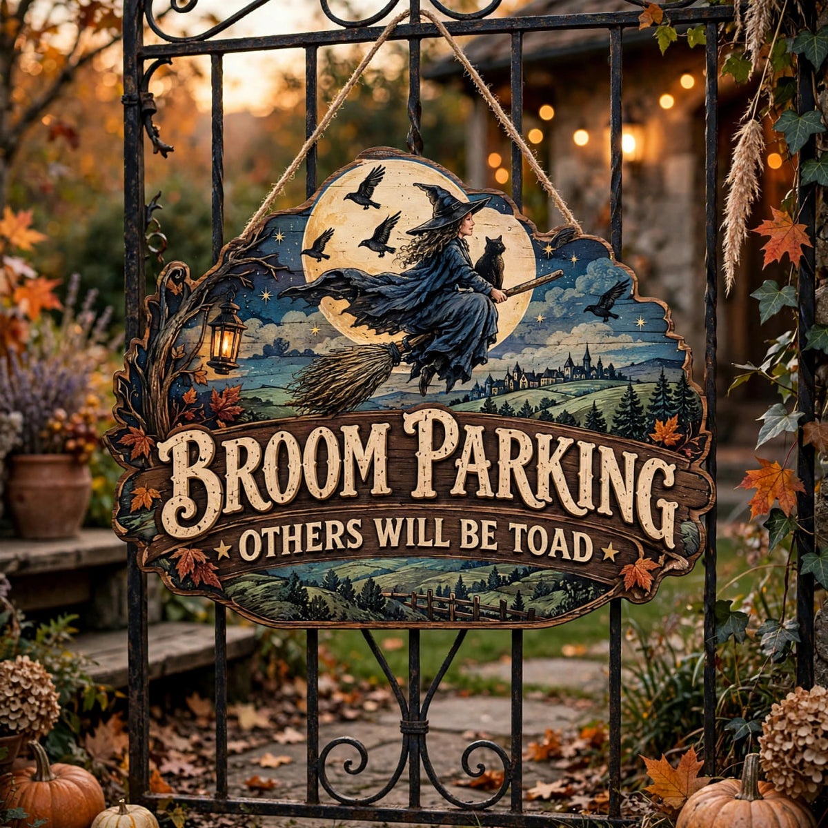 Flying Witch With Crows Broom Parking Sign Others Will Be Toad Wooden Decor
