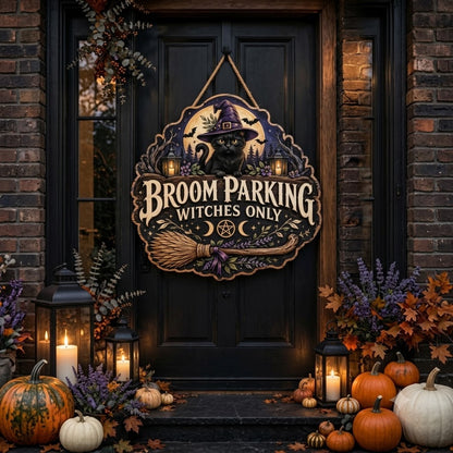 Halloween Broom Parking Sign Witches Only Wooden Wall Black Cat Decor