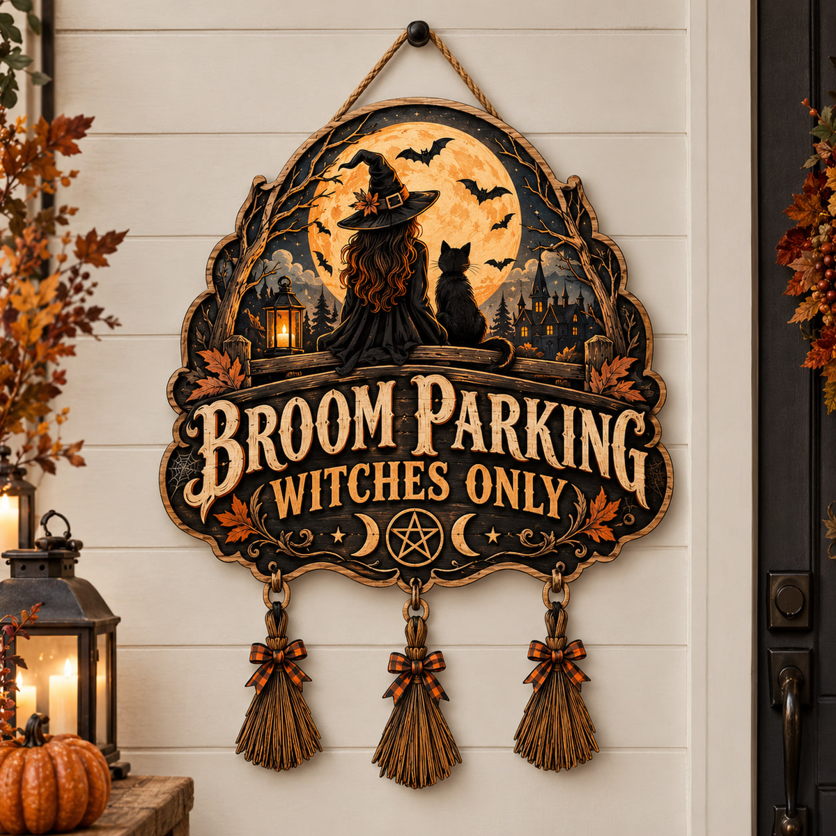 Black Cat Broom Parking Sign, Witchy Wooden Door Hanger Decor