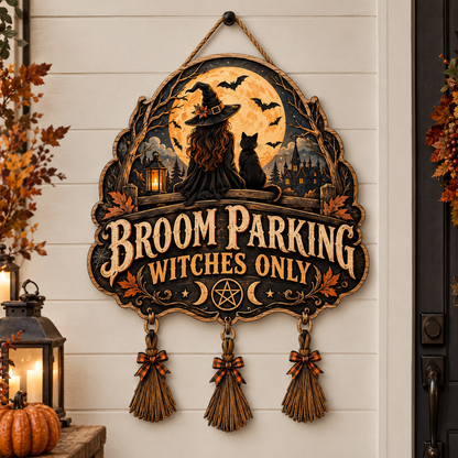 Black Cat Broom Parking Sign, Witchy Wooden Door Hanger Decor