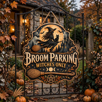 Halloween Broom Parking Sign Flying Witch Wood Decor Spooky