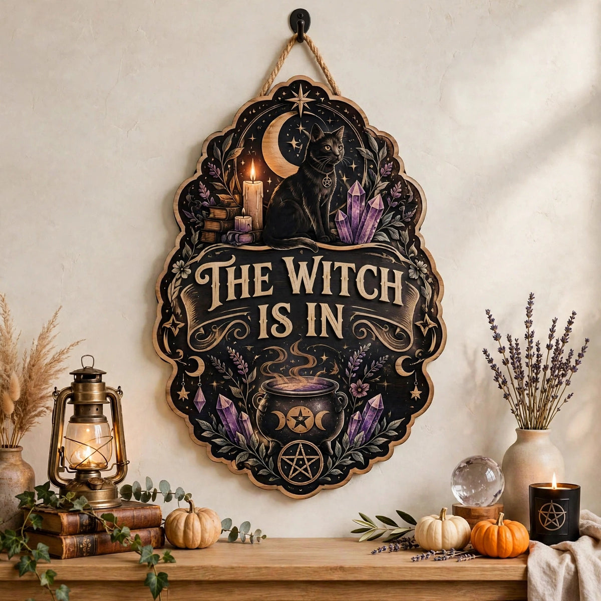 The Witch Is In Wooden Sign, Mystical Black Cat & Crystal Cauldron Door Hanger