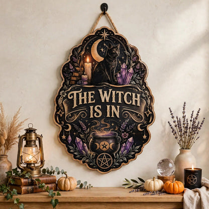 The Witch Is In Wooden Sign, Mystical Black Cat & Crystal Cauldron Door Hanger
