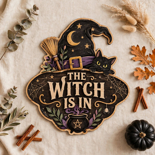 The Witch Is In Wooden Sign Black Cat Witch Hat Door Hanger Spooky Decor