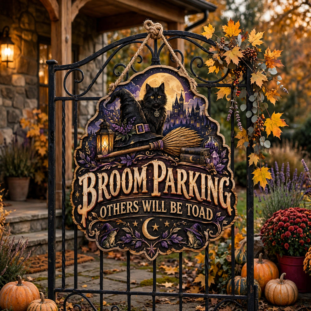 Broom Parking Sign Others Will Be Toad Spooky Porch Decor Black Cat Witch Wooden Sign